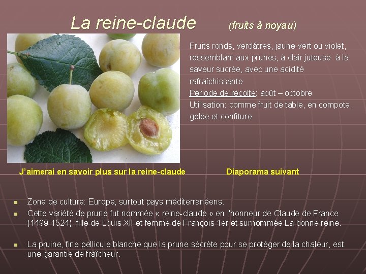 La reine-claude (fruits à noyau) Fruits ronds, verdâtres, jaune-vert ou violet, ressemblant aux prunes,