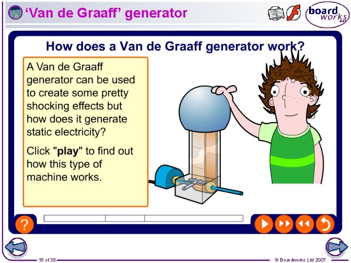 ‘Van de Graaff’ generator 18 of 38 © Boardworks Ltd 2007 ‘Van de Graaff’ generator 18 of 38 © Boardworks Ltd 2007