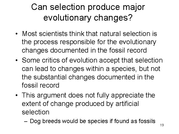 Can selection produce major evolutionary changes? • Most scientists think that natural selection is