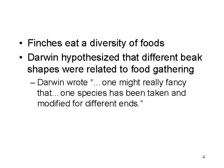  • Finches eat a diversity of foods • Darwin hypothesized that different beak