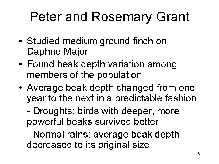 Peter and Rosemary Grant • Studied medium ground finch on Daphne Major • Found