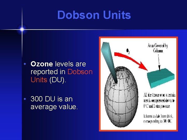 Dobson Units • Ozone levels are reported in Dobson Units (DU). • 300 DU