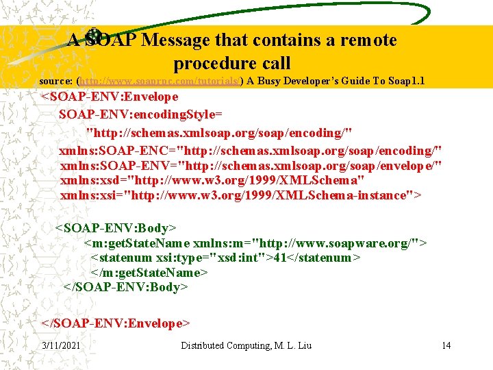 A SOAP Message that contains a remote procedure call source: (http: //www. soaprpc. com/tutorials/)