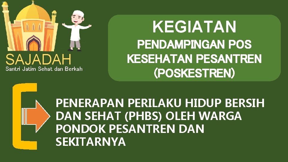 KEGIATAN SAJADAH Santri Jatim Sehat dan Berkah PENDAMPINGAN POS KESEHATAN PESANTREN (POSKESTREN) PENERAPAN PERILAKU