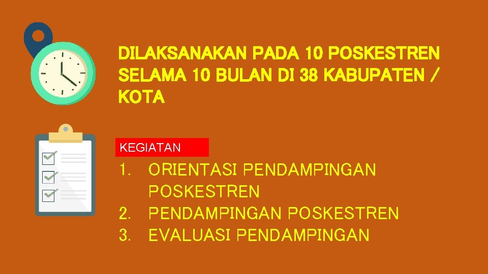 DILAKSANAKAN PADA 10 POSKESTREN SELAMA 10 BULAN DI 38 KABUPATEN / KOTA KEGIATAN 1.