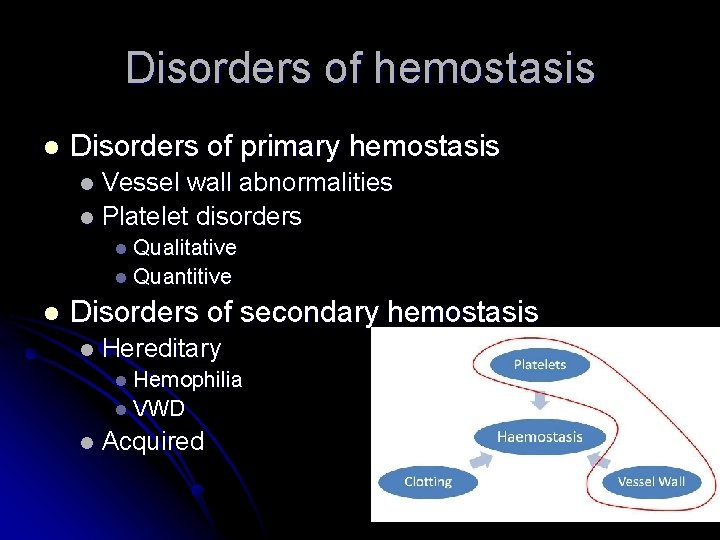 Disorders of hemostasis l Disorders of primary hemostasis Vessel wall abnormalities l Platelet disorders