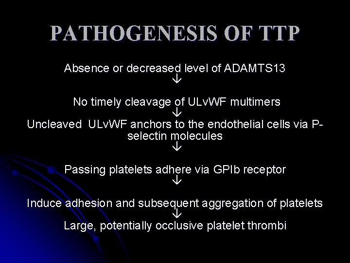 PATHOGENESIS OF TTP Absence or decreased level of ADAMTS 13 â No timely cleavage