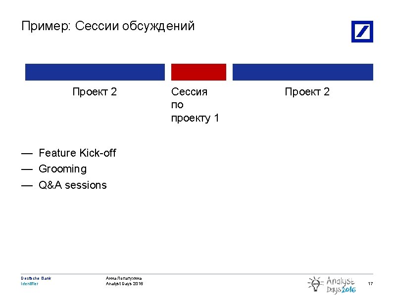 Пример: Сессии обсуждений Проект 2 Сессия по проекту 1 Проект 2 — Feature Kick-off