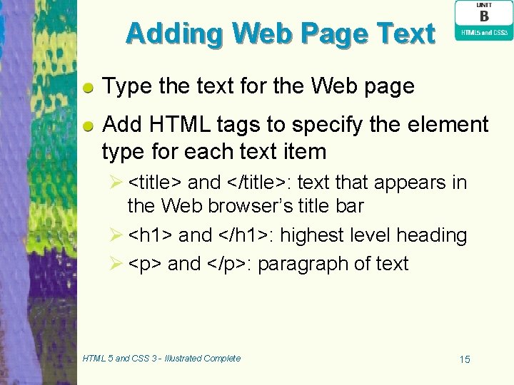 Adding Web Page Text Type the text for the Web page Add HTML tags Adding Web Page Text Type the text for the Web page Add HTML tags