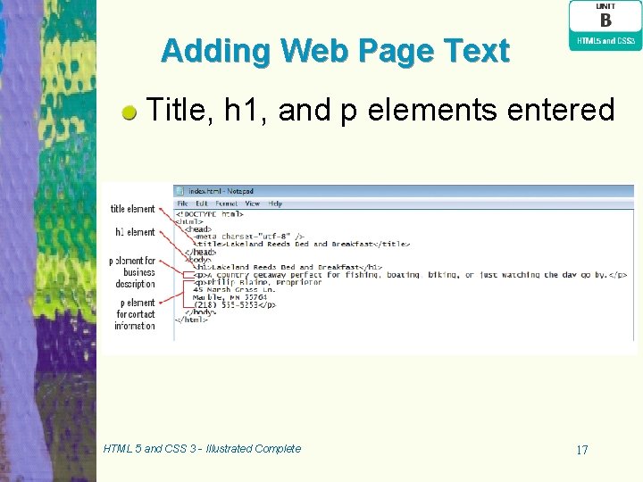 Adding Web Page Text Title, h 1, and p elements entered HTML 5 and Adding Web Page Text Title, h 1, and p elements entered HTML 5 and