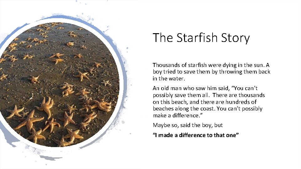 The Starfish Story Thousands of starfish were dying in the sun. A boy tried