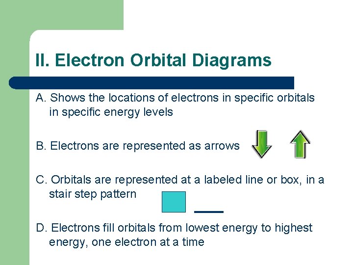 II. Electron Orbital Diagrams A. Shows the locations of electrons in specific orbitals in II. Electron Orbital Diagrams A. Shows the locations of electrons in specific orbitals in