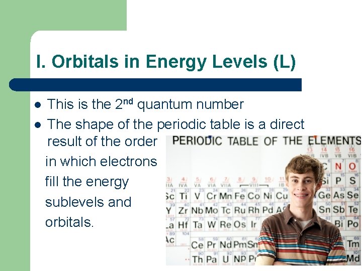 I. Orbitals in Energy Levels (L) This is the 2 nd quantum number l