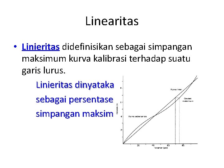 Linearitas • Linieritas didefinisikan sebagai simpangan maksimum kurva kalibrasi terhadap suatu garis lurus. Linieritas