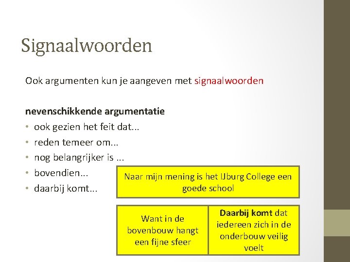 Signaalwoorden Ook argumenten kun je aangeven met signaalwoorden nevenschikkende argumentatie • ook gezien het