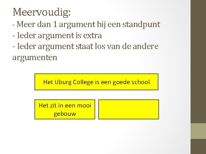 Meervoudig: - Meer dan 1 argument bij een standpunt - Ieder argument is extra