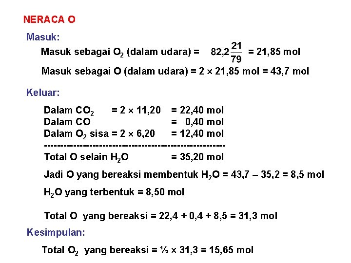 NERACA O Masuk: Masuk sebagai O 2 (dalam udara) = = 21, 85 mol