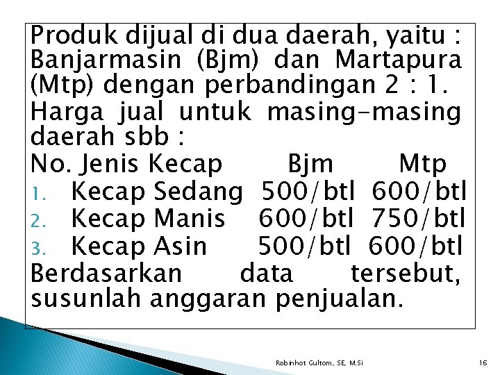 Produk dijual di dua daerah, yaitu : Banjarmasin (Bjm) dan Martapura (Mtp) dengan perbandingan