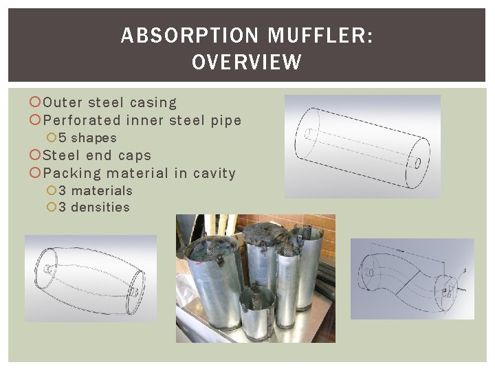 ABSORPTION MUFFLER: OVERVIEW Outer steel casing Perforated inner steel pipe 5 shapes Steel end