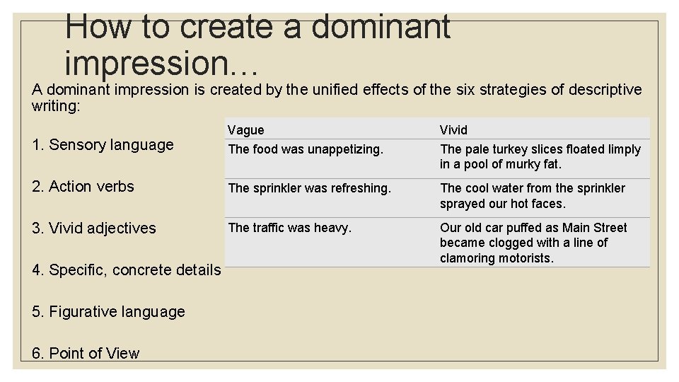 How to create a dominant impression… A dominant impression is created by the unified