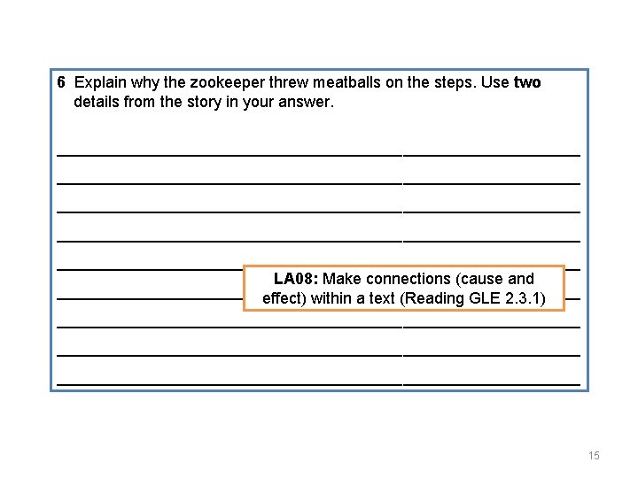 6 Explain why the zookeeper threw meatballs on the steps. Use two details from