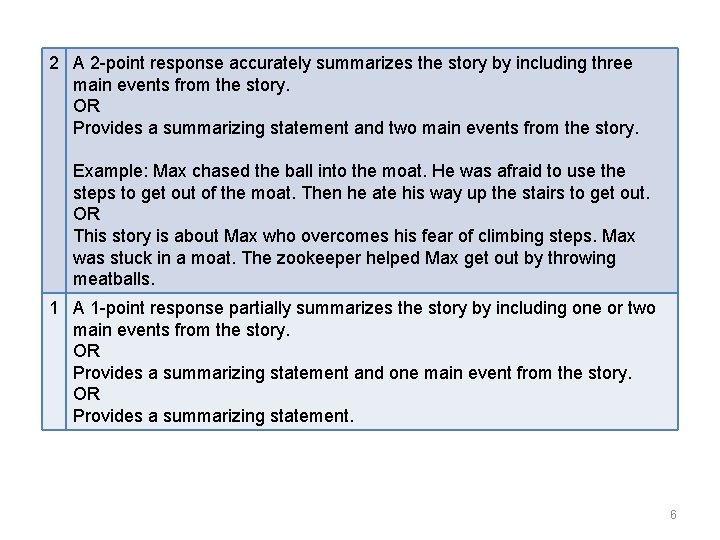2 A 2 -point response accurately summarizes the story by including three main events