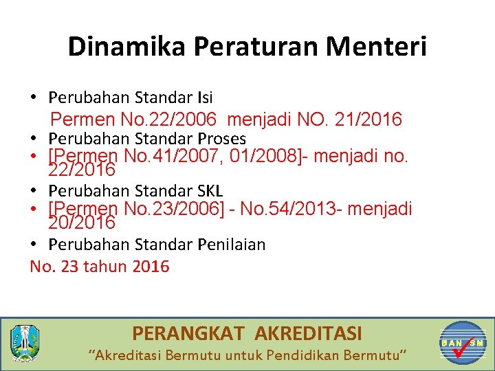 Dinamika Peraturan Menteri • Perubahan Standar Isi Permen No. 22/2006 menjadi NO. 21/2016 •