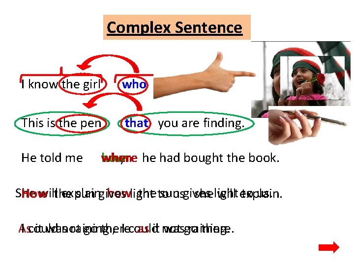 Complex Sentence I know the girl who came here yesterday. This is the pen