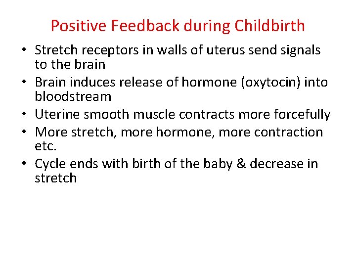 Positive Feedback during Childbirth • Stretch receptors in walls of uterus send signals to
