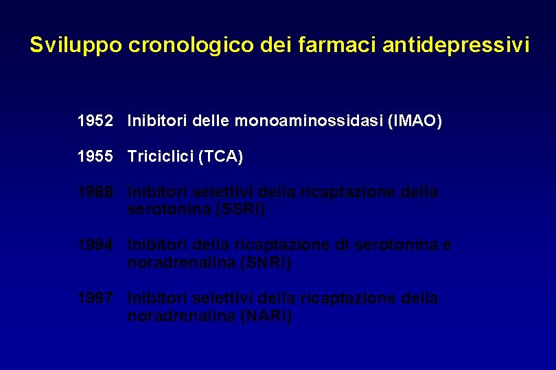 Sviluppo cronologico dei farmaci antidepressivi 1952 Inibitori delle monoaminossidasi (IMAO) 1955 Triciclici (TCA) 1988
