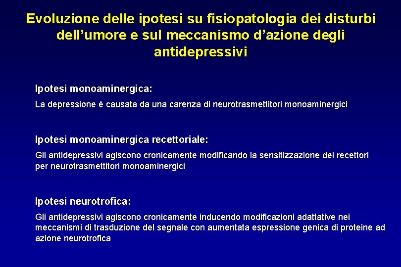 Evoluzione delle ipotesi su fisiopatologia dei disturbi dell’umore e sul meccanismo d’azione degli antidepressivi