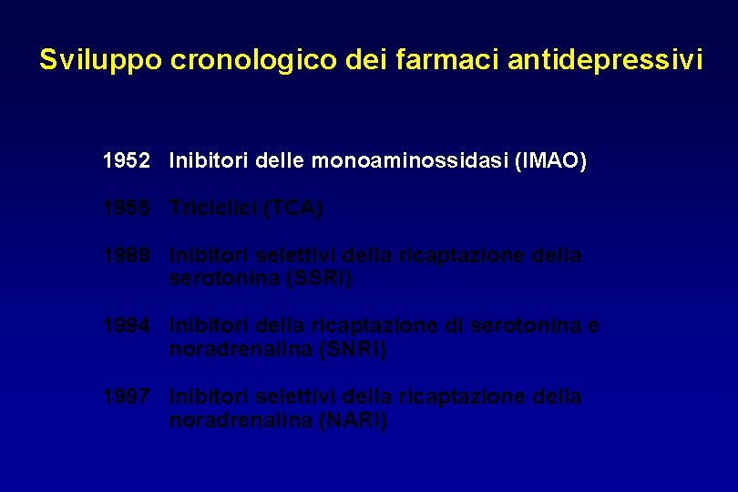 Sviluppo cronologico dei farmaci antidepressivi 1952 Inibitori delle monoaminossidasi (IMAO) 1955 Triciclici (TCA) 1988