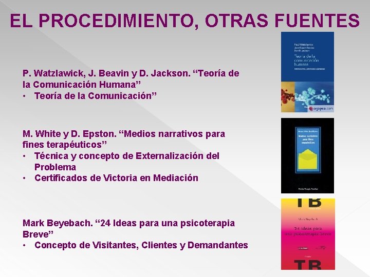 EL PROCEDIMIENTO, OTRAS FUENTES P. Watzlawick, J. Beavin y D. Jackson. “Teoría de la