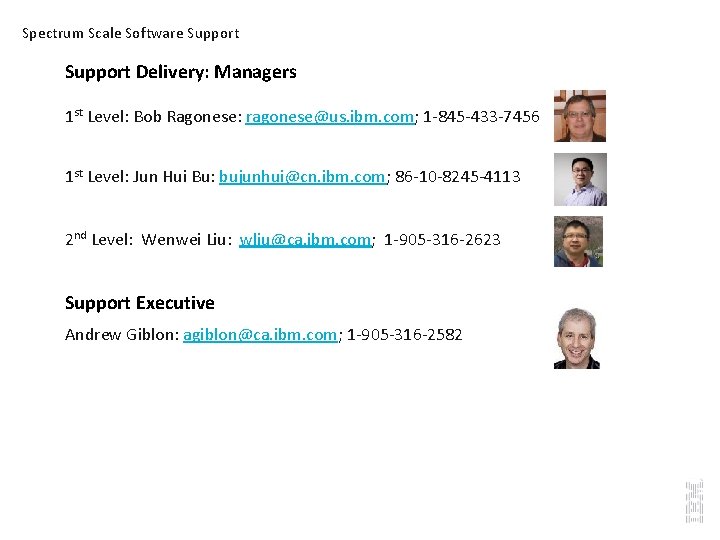 Spectrum Scale Software Support Delivery: Managers 1 st Level: Bob Ragonese: ragonese@us. ibm. com;