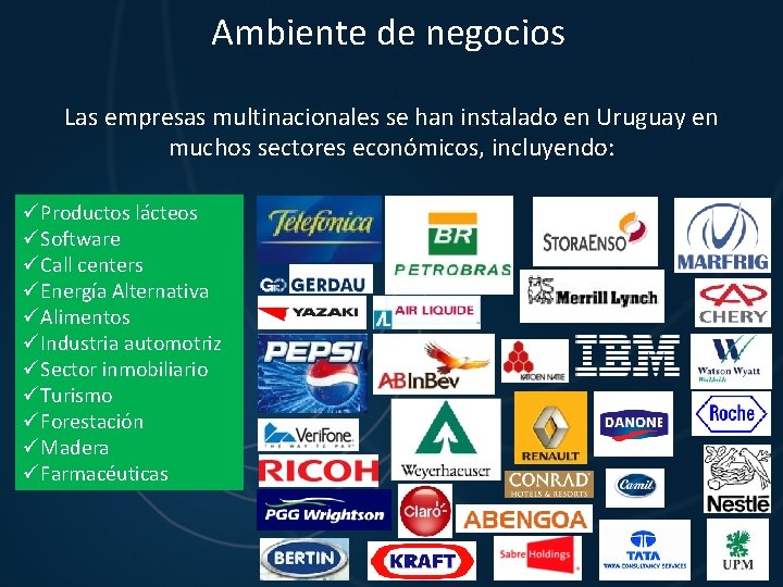 Ambiente de negocios Las empresas multinacionales se han instalado en Uruguay en muchos sectores