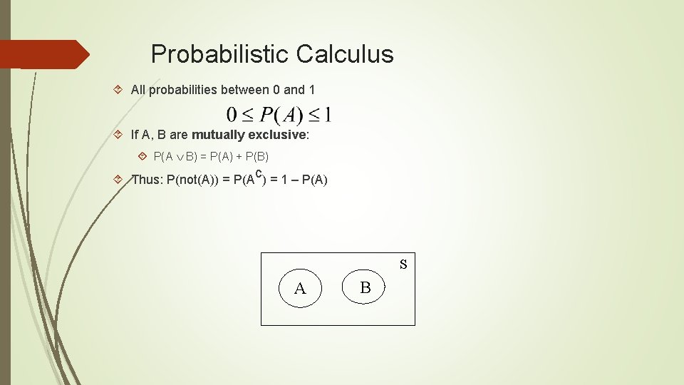 Probabilistic Calculus All probabilities between 0 and 1 If A, B are mutually exclusive: