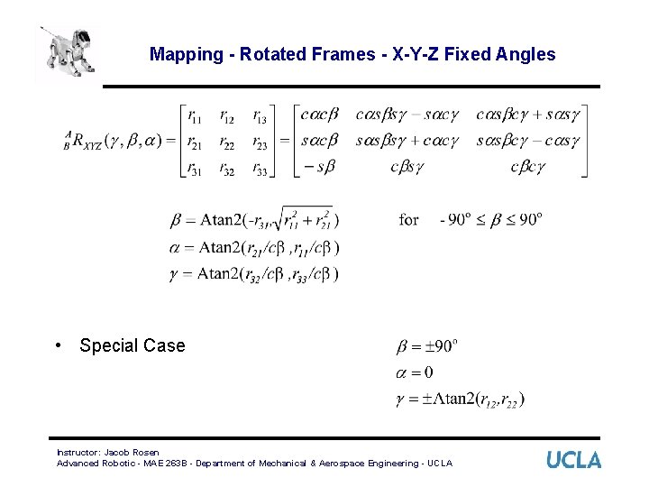 Mapping - Rotated Frames - X-Y-Z Fixed Angles • Special Case Instructor: Jacob Rosen