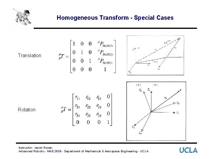 Homogeneous Transform - Special Cases Translation Rotation Instructor: Jacob Rosen Advanced Robotic - MAE