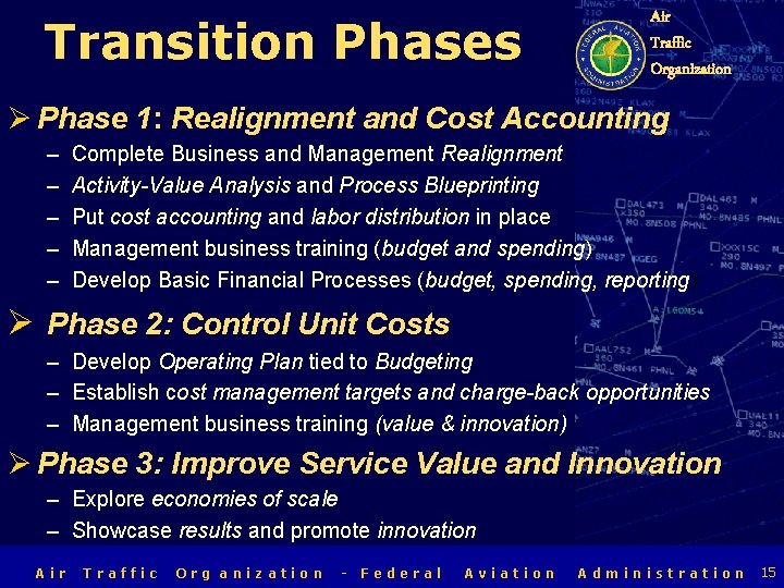 Transition Phases Air Traffic Organization Ø Phase 1: Realignment and Cost Accounting – –