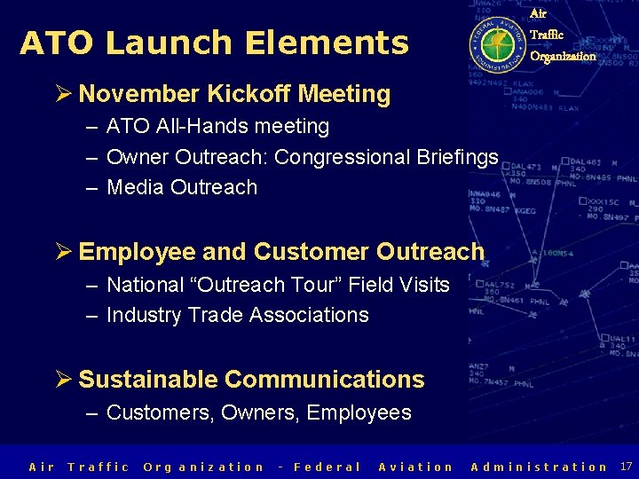 Air Traffic Organization ATO Launch Elements Ø November Kickoff Meeting – ATO All-Hands meeting