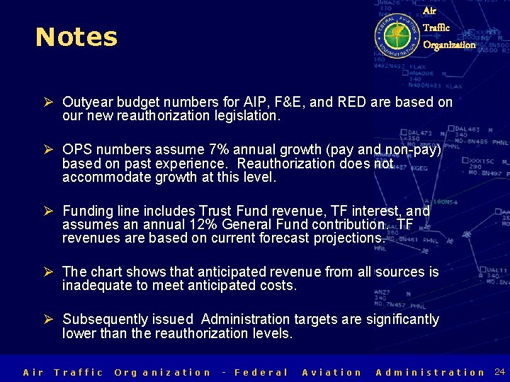 Air Traffic Organization Notes Ø Outyear budget numbers for AIP, F&E, and RED are