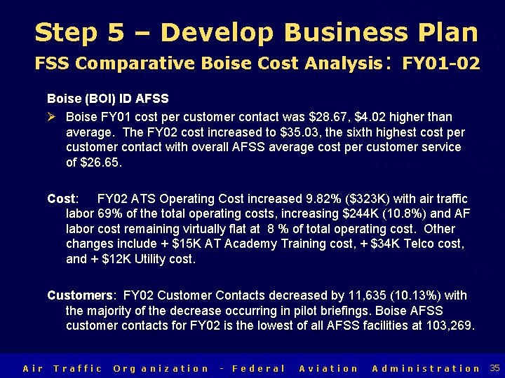 Air Traffic Organization Step 5 – Develop Business Plan FSS Comparative Boise Cost Analysis: