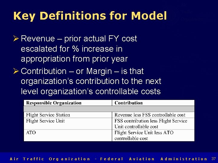 Key Definitions for Model Air Traffic Organization Ø Revenue – prior actual FY cost