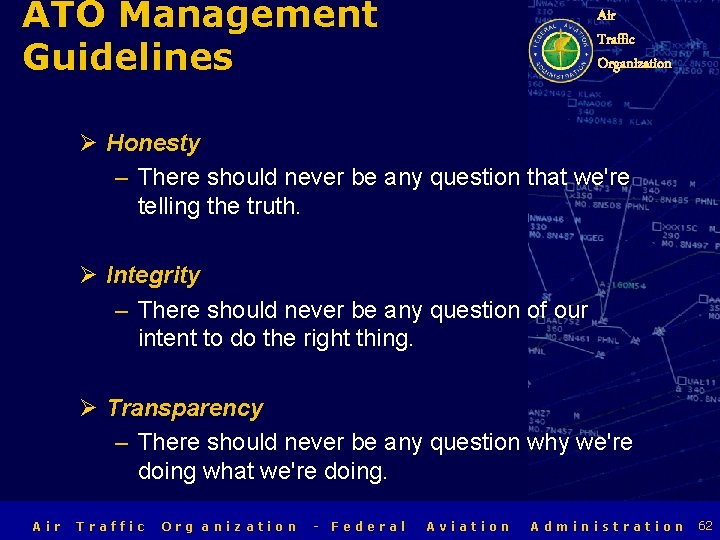 ATO Management Guidelines Air Traffic Organization Ø Honesty – There should never be any