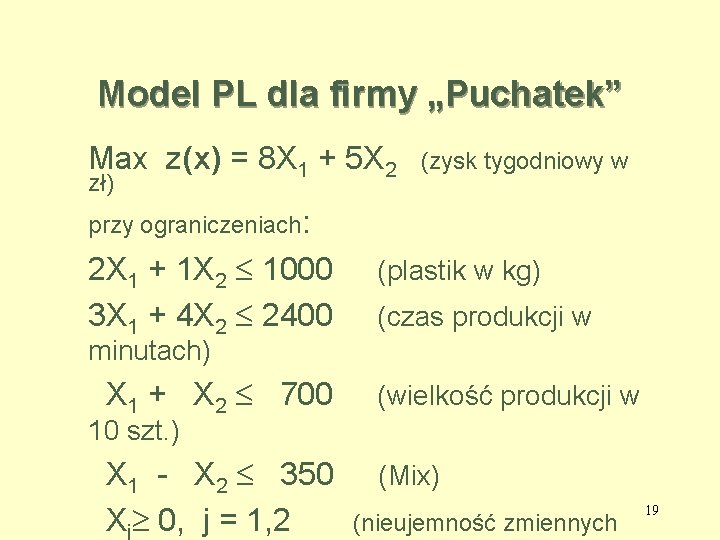 Model PL dla firmy „Puchatek” Max z(x) = 8 X 1 + 5 X