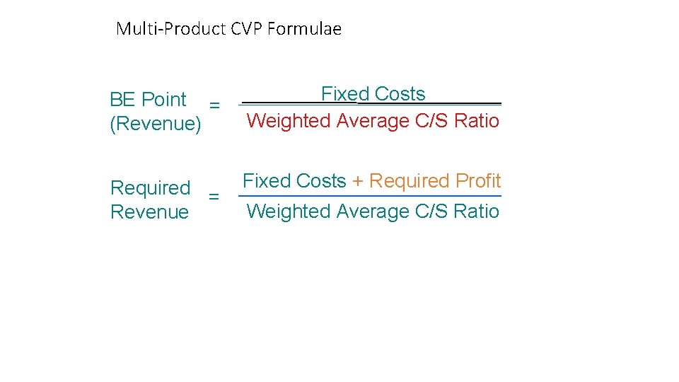 Multi-Product CVP Formulae BE Point = (Revenue) Fixed Costs Ratio C/S Ratio Weighted. C/S