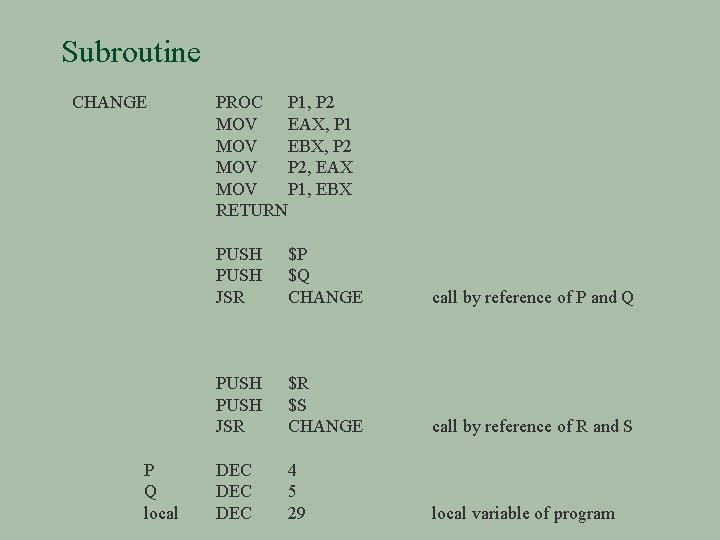 Subroutine CHANGE P Q local PROC P 1, P 2 MOV EAX, P 1