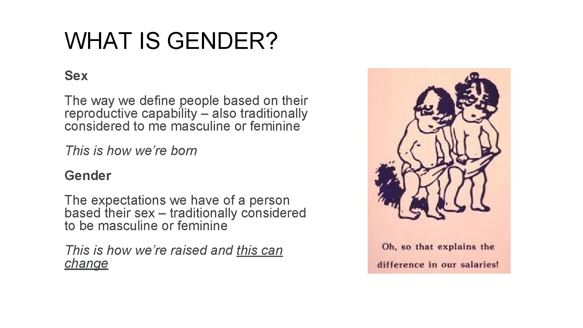 WHAT IS GENDER? Sex The way we define people based on their reproductive capability