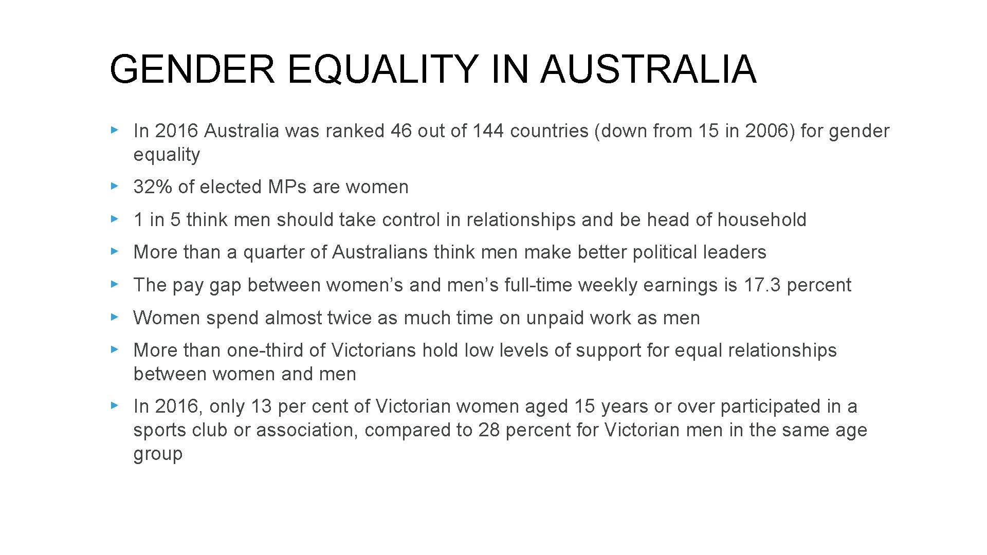 GENDER EQUALITY IN AUSTRALIA ▸ In 2016 Australia was ranked 46 out of 144