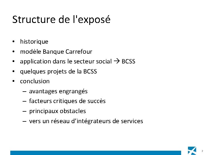 Structure de l'exposé • • • historique modèle Banque Carrefour application dans le secteur